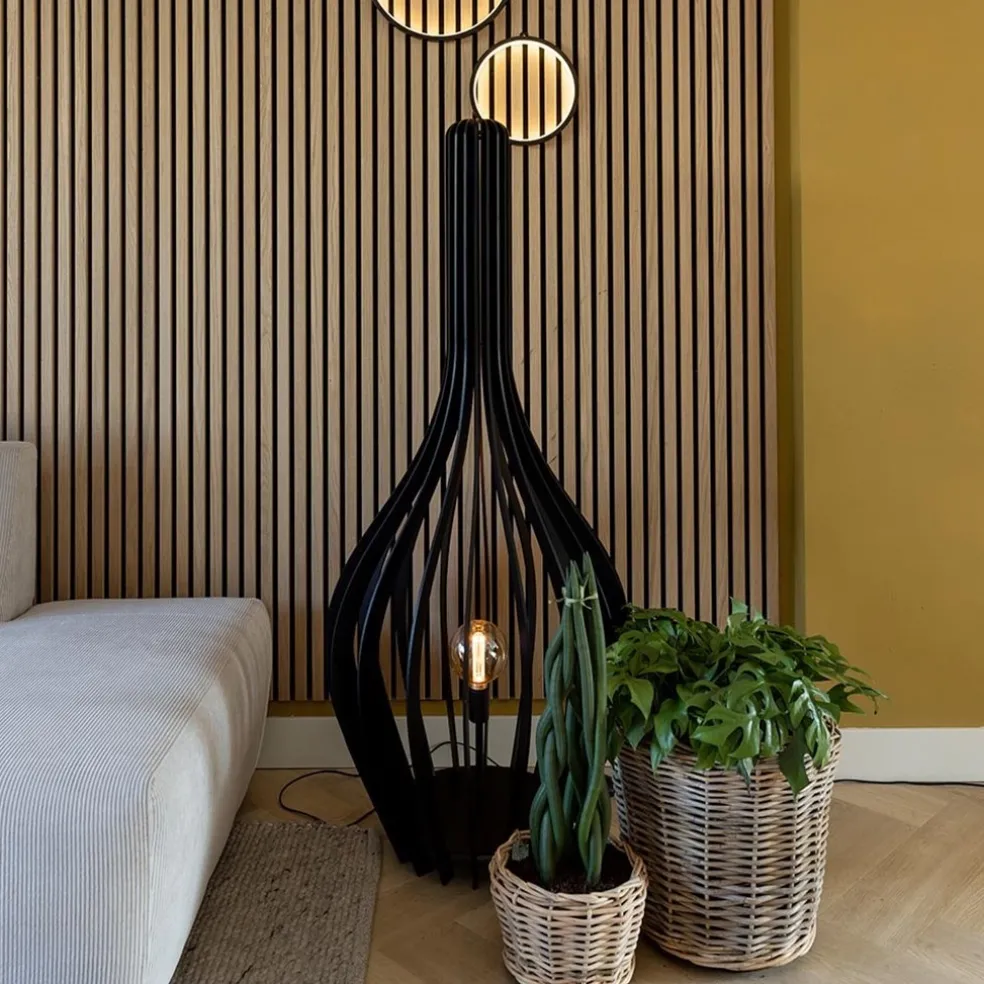 Cheap Straluma Mat zwarte houten vloerlamp kegel groot
