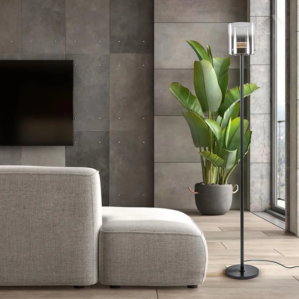 Shop Straluma Mat zwarte LED vloerlamp met glazen kap helder/titanium