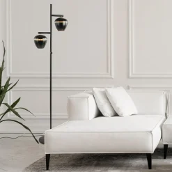 Store Straluma Mat zwarte 2-lichts vloerlamp met gouden accenten