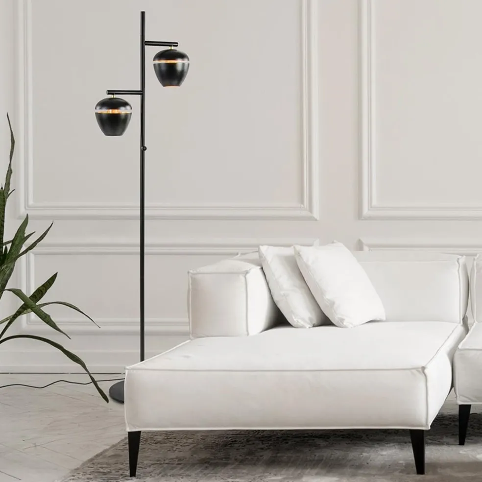 Store Straluma Mat zwarte 2-lichts vloerlamp met gouden accenten