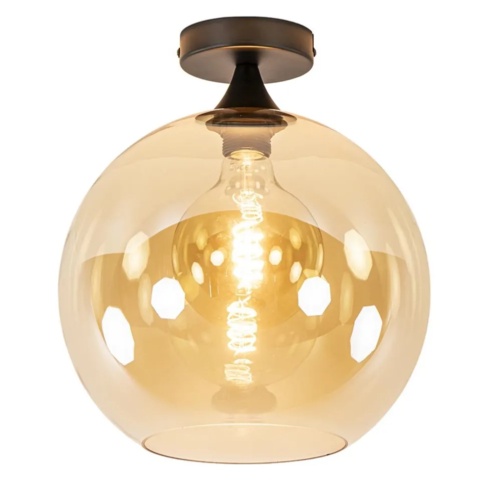 Hot Straluma Mat zwarte plafondlamp met amber glazen bol 30 cm