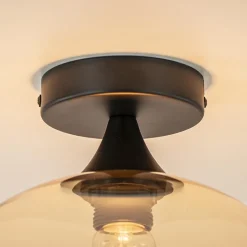 Hot Straluma Mat zwarte plafondlamp met amber glazen bol 30 cm