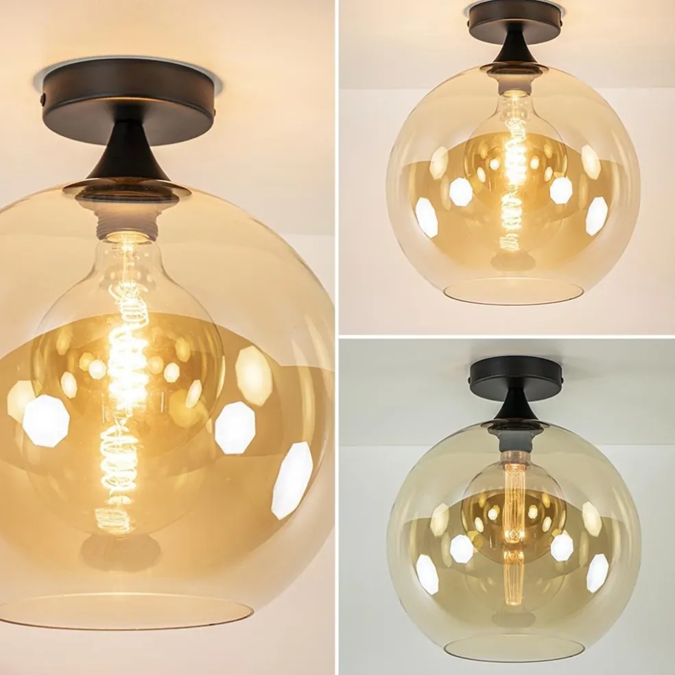 Hot Straluma Mat zwarte plafondlamp met amber glazen bol 30 cm
