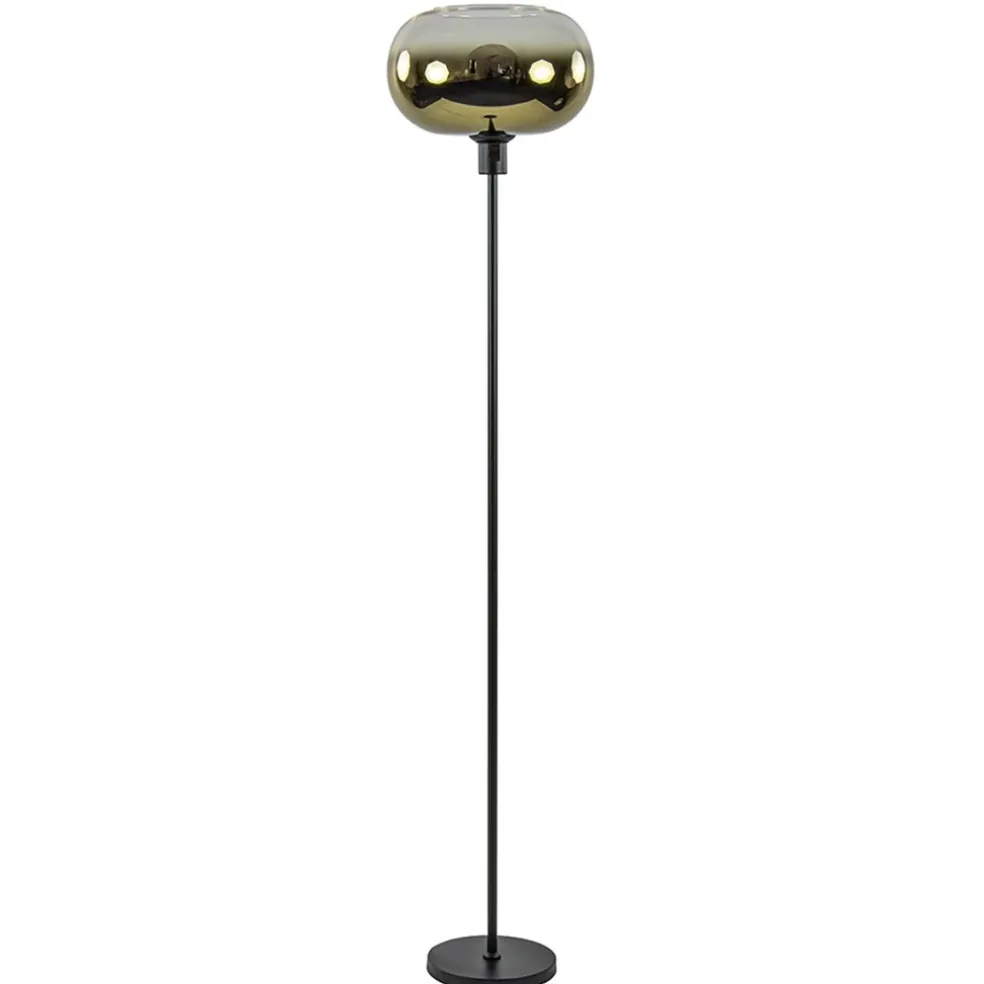 Outlet Straluma Mat zwarte vloerlamp met glazen kap helder/goud