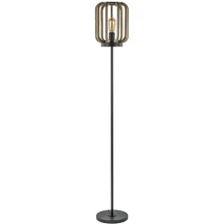 Outlet Straluma Mat zwarte vloerlamp met ruwe houten kap