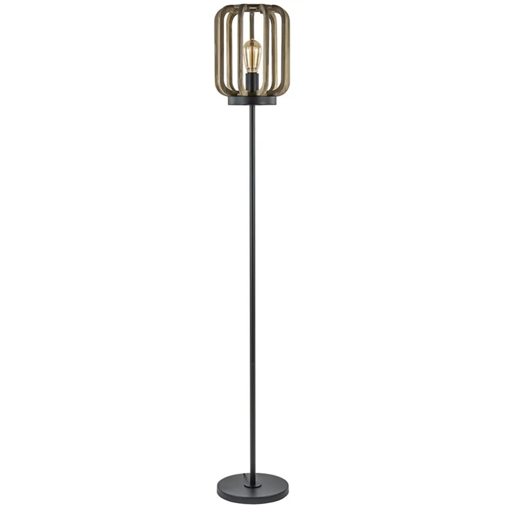 Outlet Straluma Mat zwarte vloerlamp met ruwe houten kap