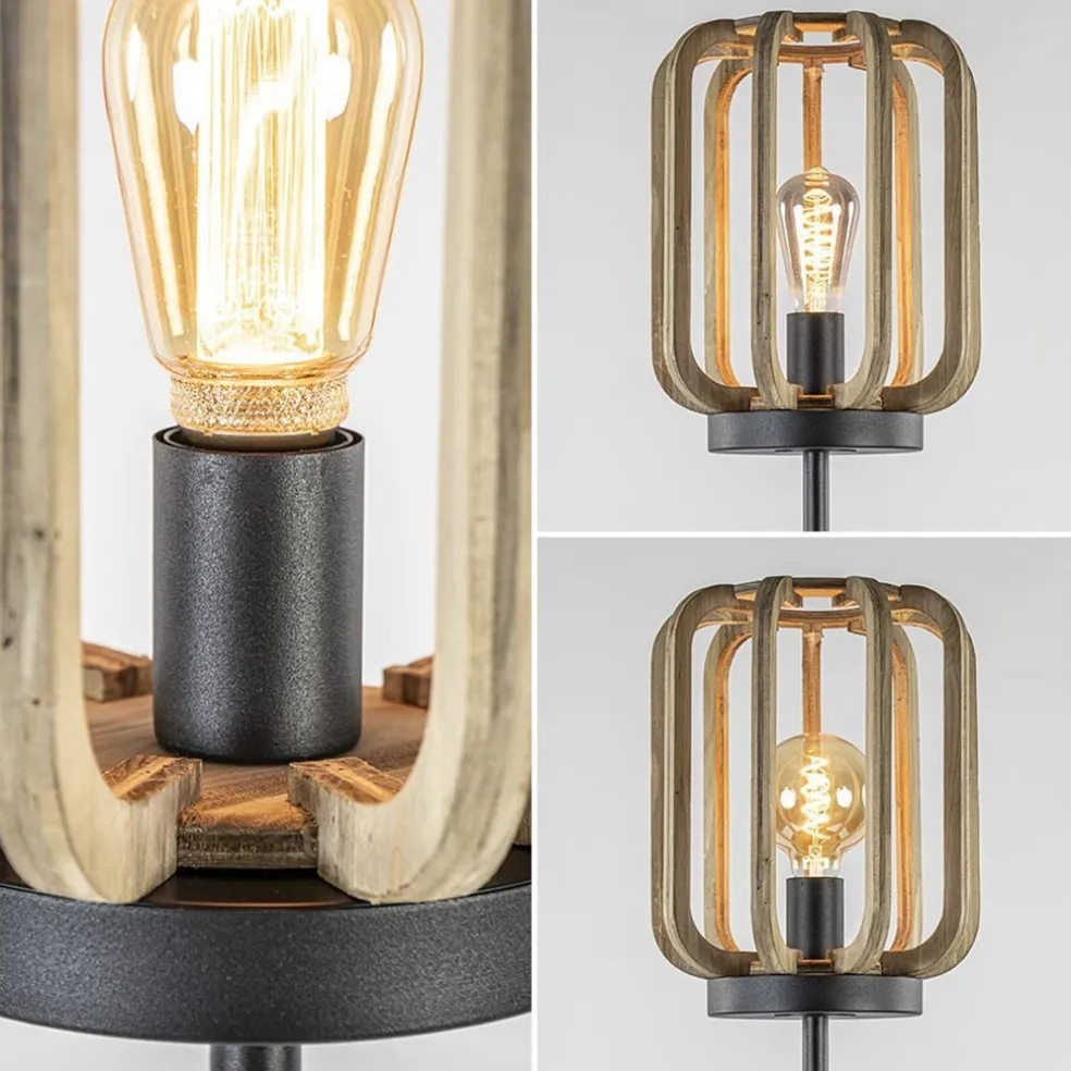 Outlet Straluma Mat zwarte vloerlamp met ruwe houten kap