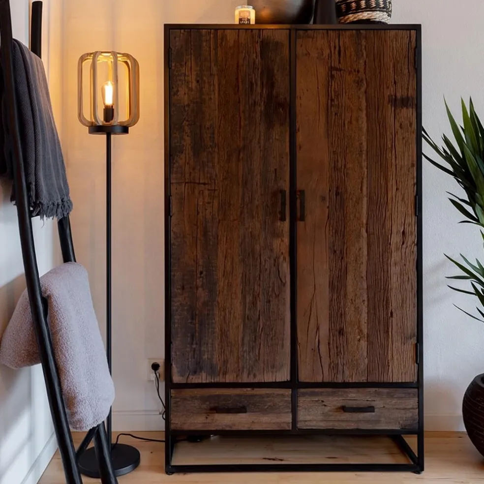 Outlet Straluma Mat zwarte vloerlamp met ruwe houten kap