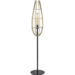 Clearance Straluma Mat zwarte vloerlamp met houten kap naturel