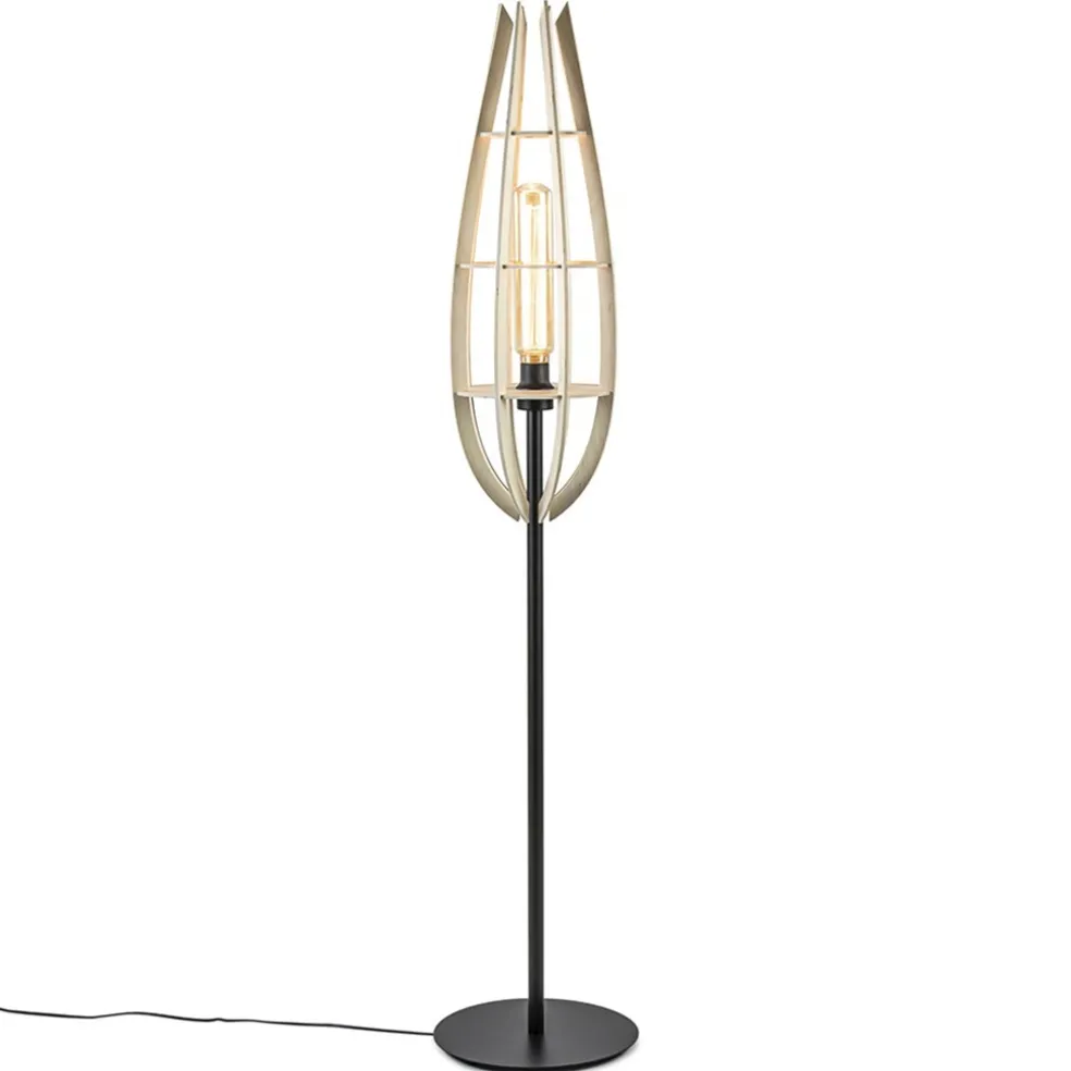 Clearance Straluma Mat zwarte vloerlamp met houten kap naturel