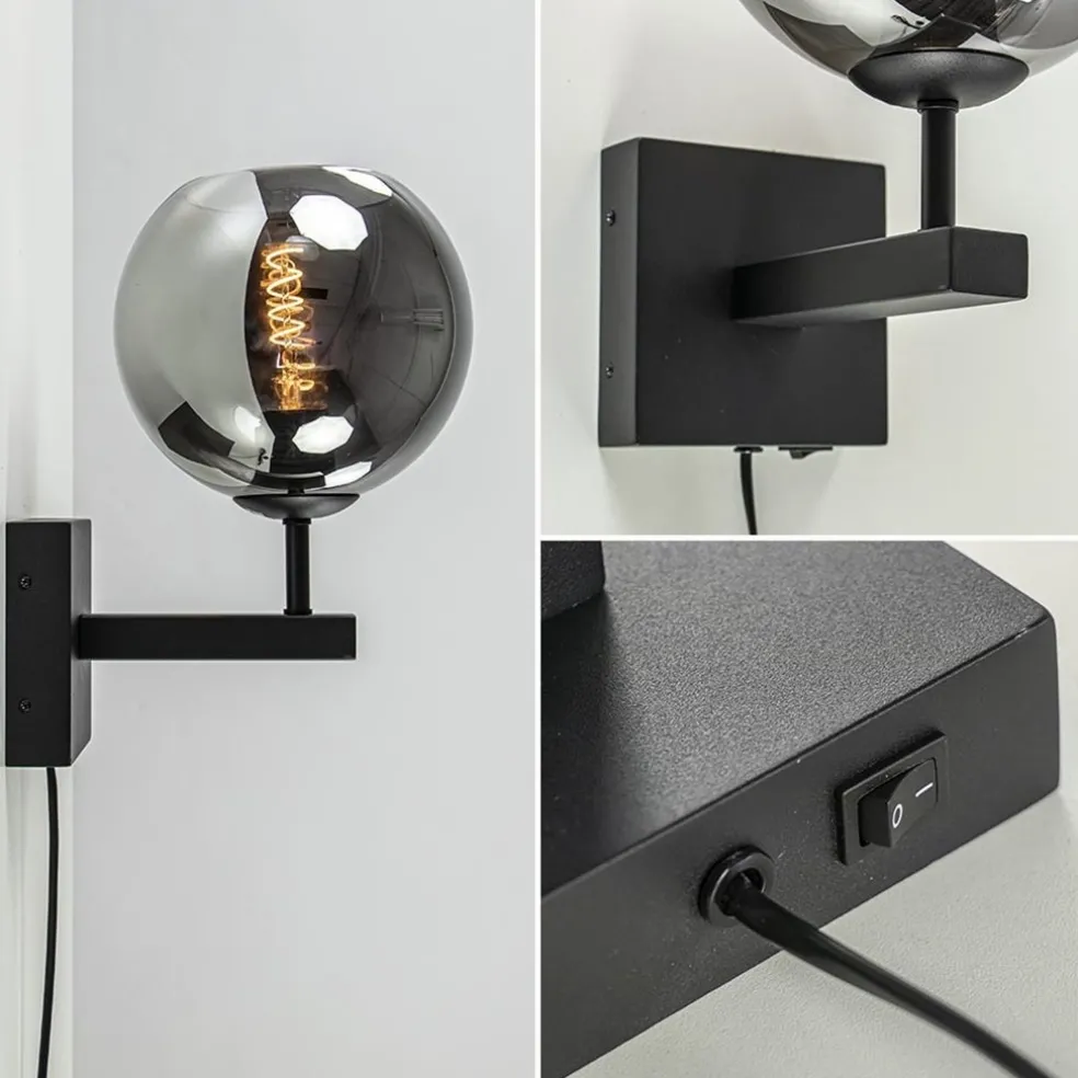 Best Sale Straluma Mat zwarte wandlamp met smoke glazen bol 20 cm