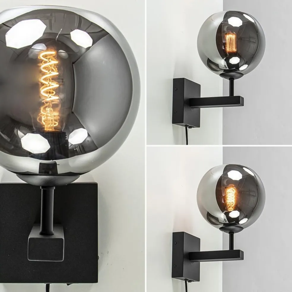 Best Sale Straluma Mat zwarte wandlamp met smoke glazen bol 20 cm