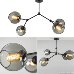 Hot Straluma Plafondlamp 4-armen zwart+smoke bolglas