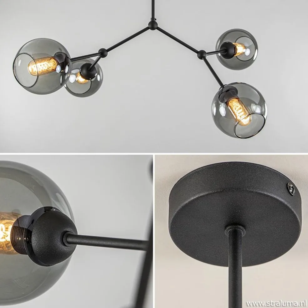 Hot Straluma Plafondlamp 4-armen zwart+smoke bolglas