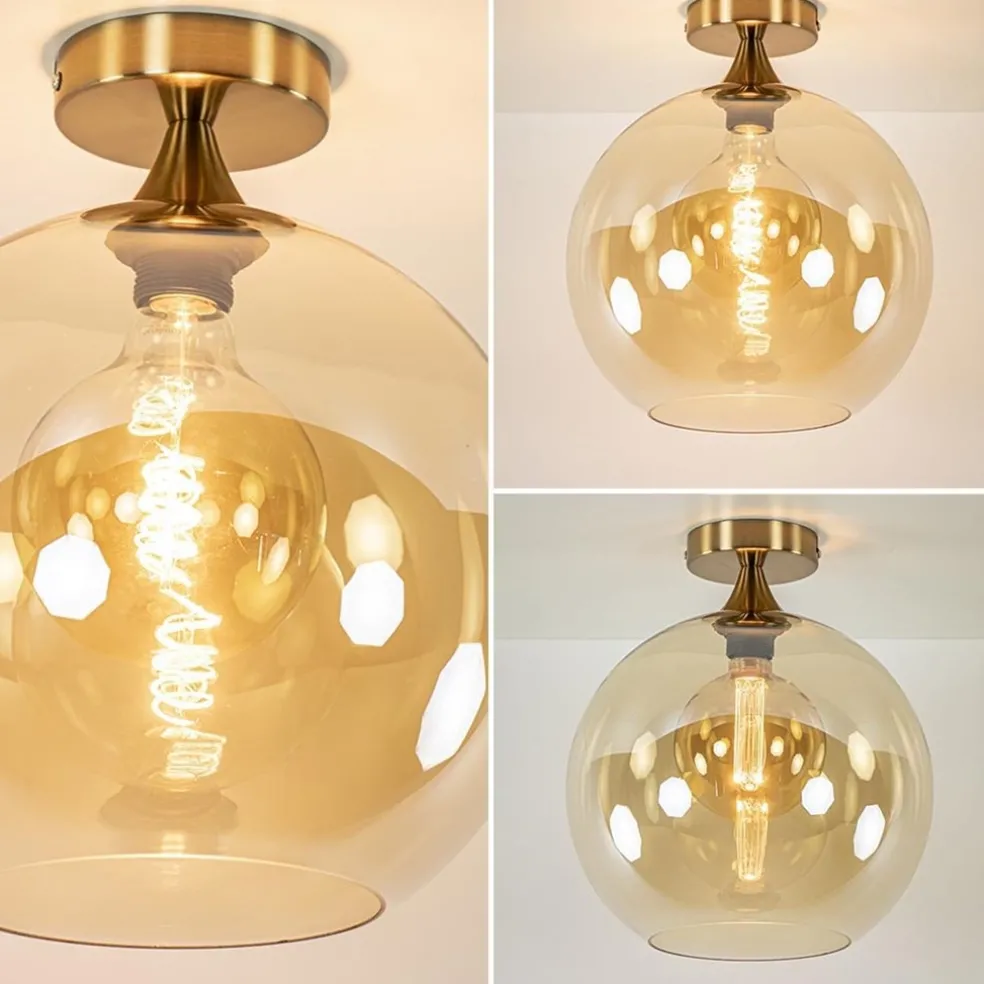 Clearance Straluma Plafondlamp goud met amber glazen bol 30 cm