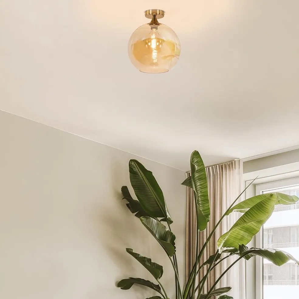 Clearance Straluma Plafondlamp goud met amber glazen bol 30 cm