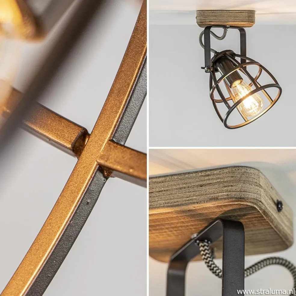 Discount Straluma Plafond/wandlamp Matrix zwarte korf met hout
