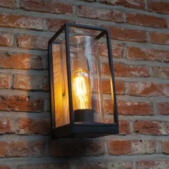 Outlet Straluma Rechthoekige buitenlamp zwart met houtlook en glas