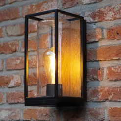 Outlet Straluma Rechthoekige buitenlamp zwart met houtlook en glas