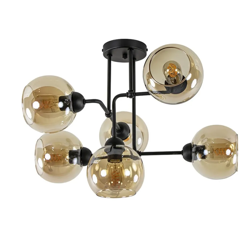 Sale Straluma Retro plafondlamp zwart met amber glas 6-lichts