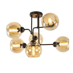 Sale Straluma Retro plafondlamp zwart met amber glas 6-lichts