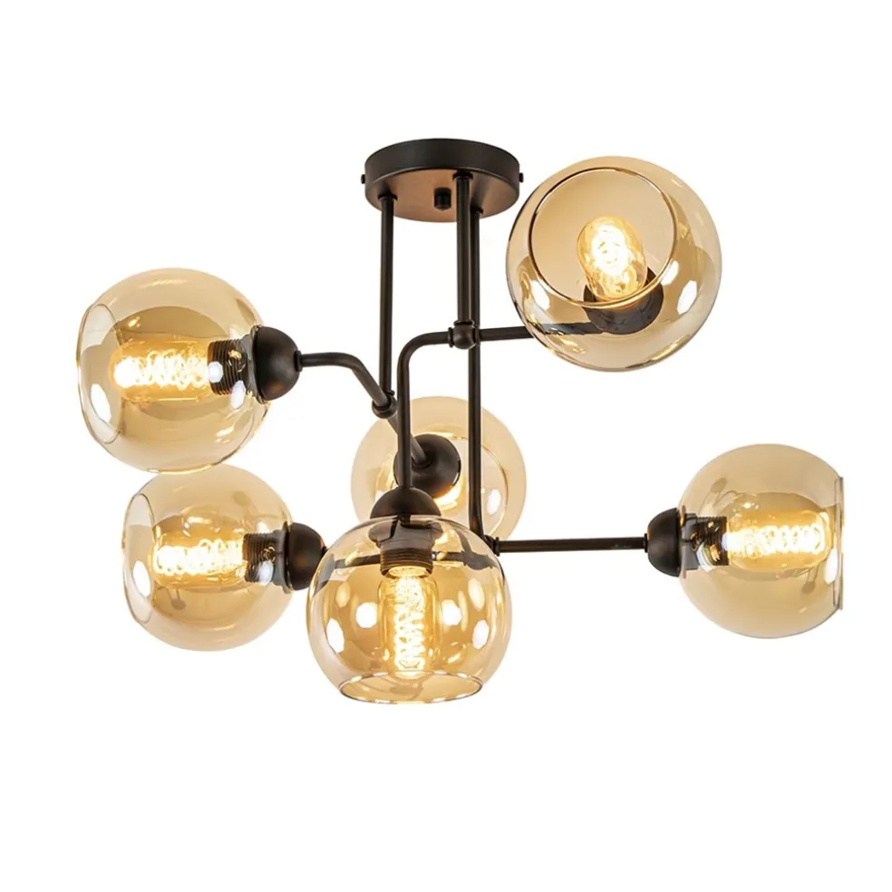Sale Straluma Retro plafondlamp zwart met amber glas 6-lichts
