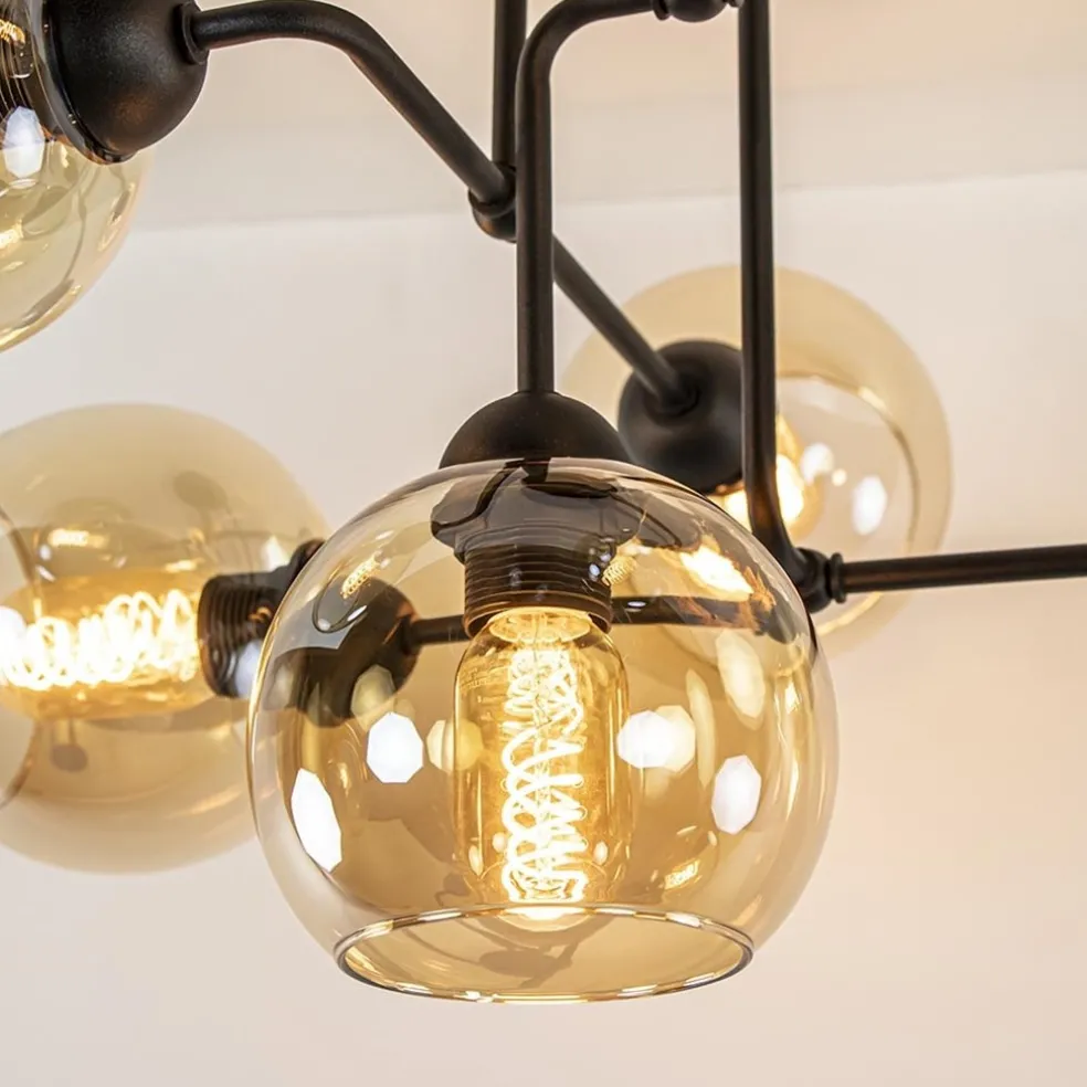 Sale Straluma Retro plafondlamp zwart met amber glas 6-lichts