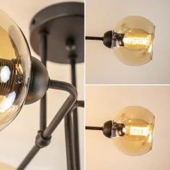 Sale Straluma Retro plafondlamp zwart met amber glas 6-lichts