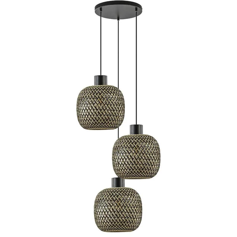 Fashion Straluma Ronde 3-lichts hanglamp zwart met bamboe kappen