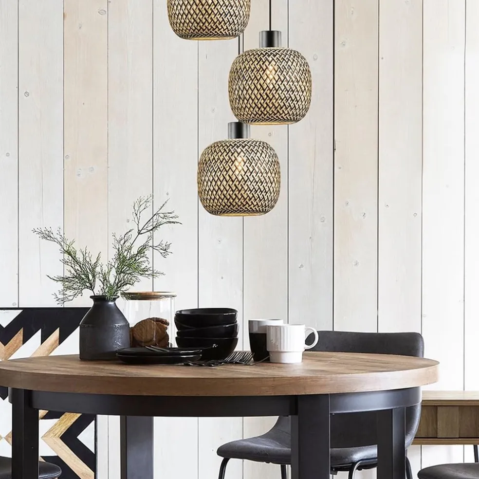 Fashion Straluma Ronde 3-lichts hanglamp zwart met bamboe kappen