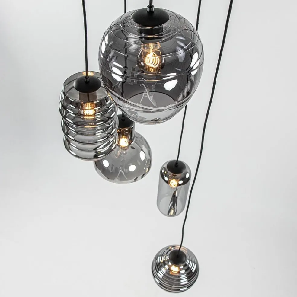 Hot Straluma Ronde 5-lichts hanglamp zwart met diverse smoke glazen