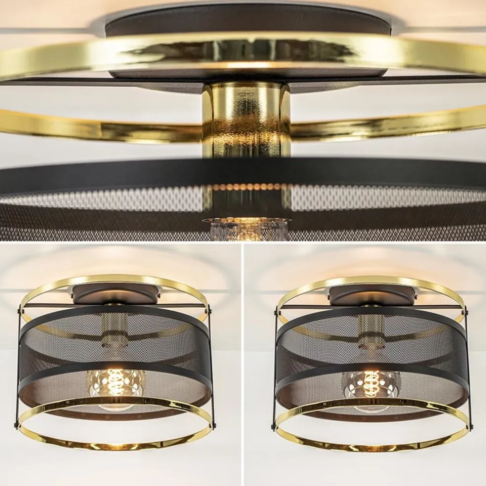 New Straluma Ronde plafondlamp gaas mat zwart met hoogglans goud