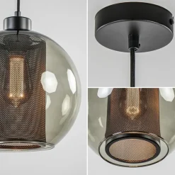 Store Straluma Smoke glazen hanglamp bol met zwarte gaas cilinder