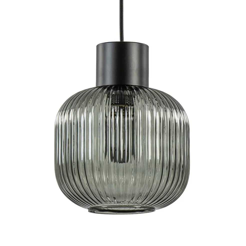 Online Straluma Stijlvolle hanglamp smoke glas geribbeld met zwart
