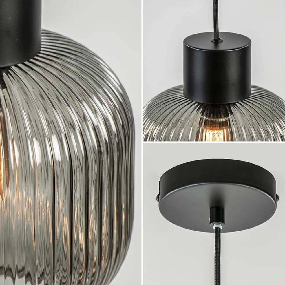 Online Straluma Stijlvolle hanglamp smoke glas geribbeld met zwart
