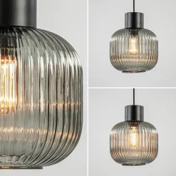 Online Straluma Stijlvolle hanglamp smoke glas geribbeld met zwart