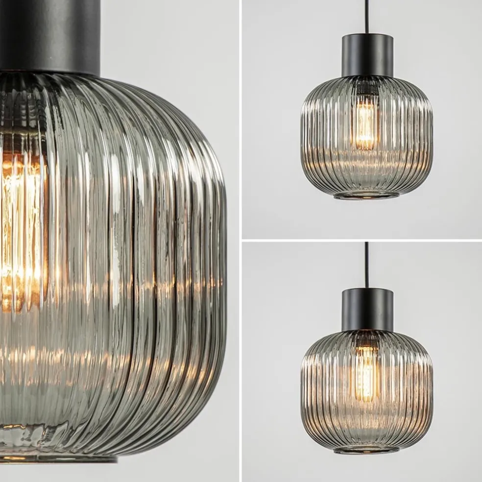 Online Straluma Stijlvolle hanglamp smoke glas geribbeld met zwart