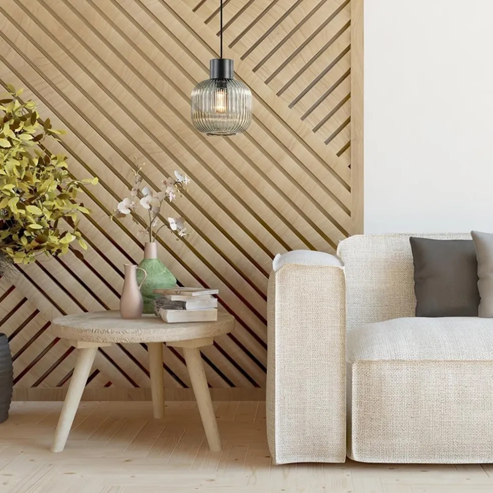 Online Straluma Stijlvolle hanglamp smoke glas geribbeld met zwart