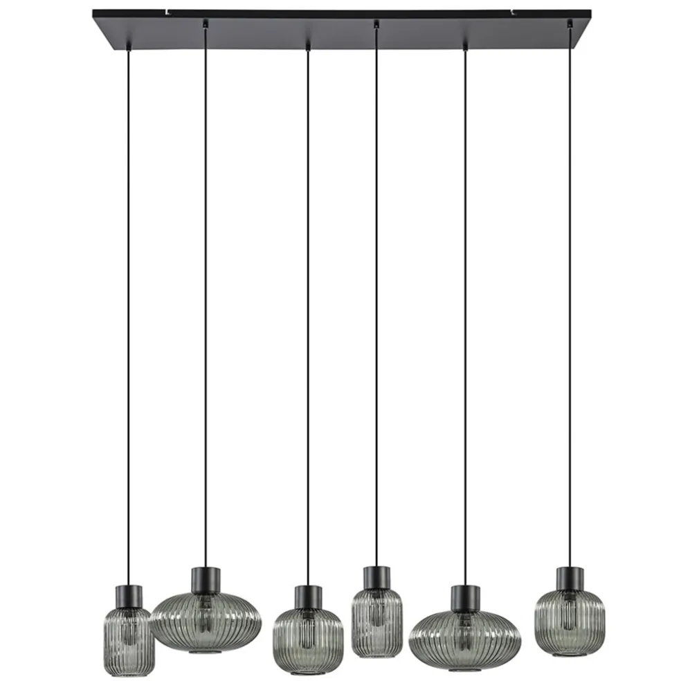 New Straluma Stijlvolle 6-lichts eettafelhanglamp zwart met smoke glas