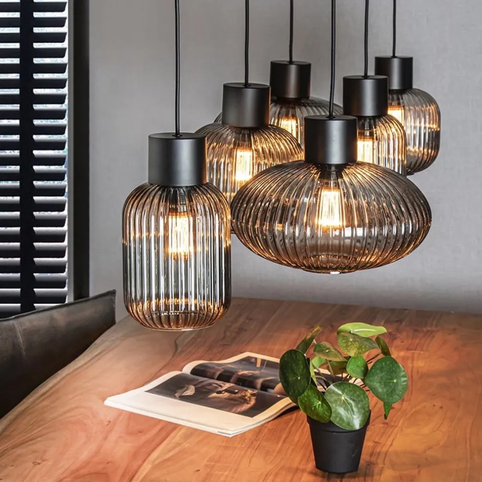 New Straluma Stijlvolle 6-lichts eettafelhanglamp zwart met smoke glas