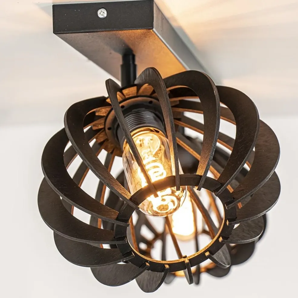 Flash Sale Straluma Stoere 2-lichts plafondlamp met houten kappen zwart