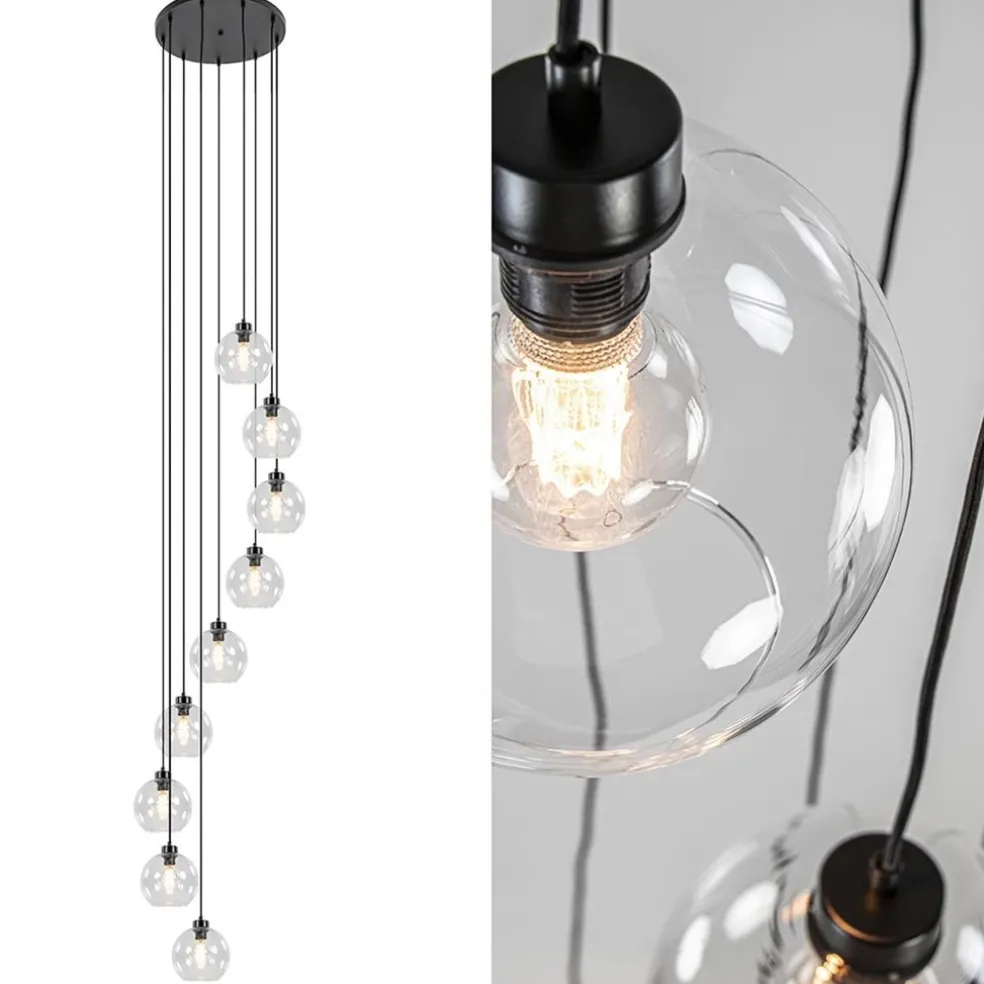 Hot Straluma Videlamp / multipendel 9L zwart helder bolglas