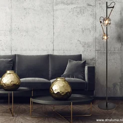 Hot Straluma Vloerlamp Globe 2-L zwart/goud smokeglas