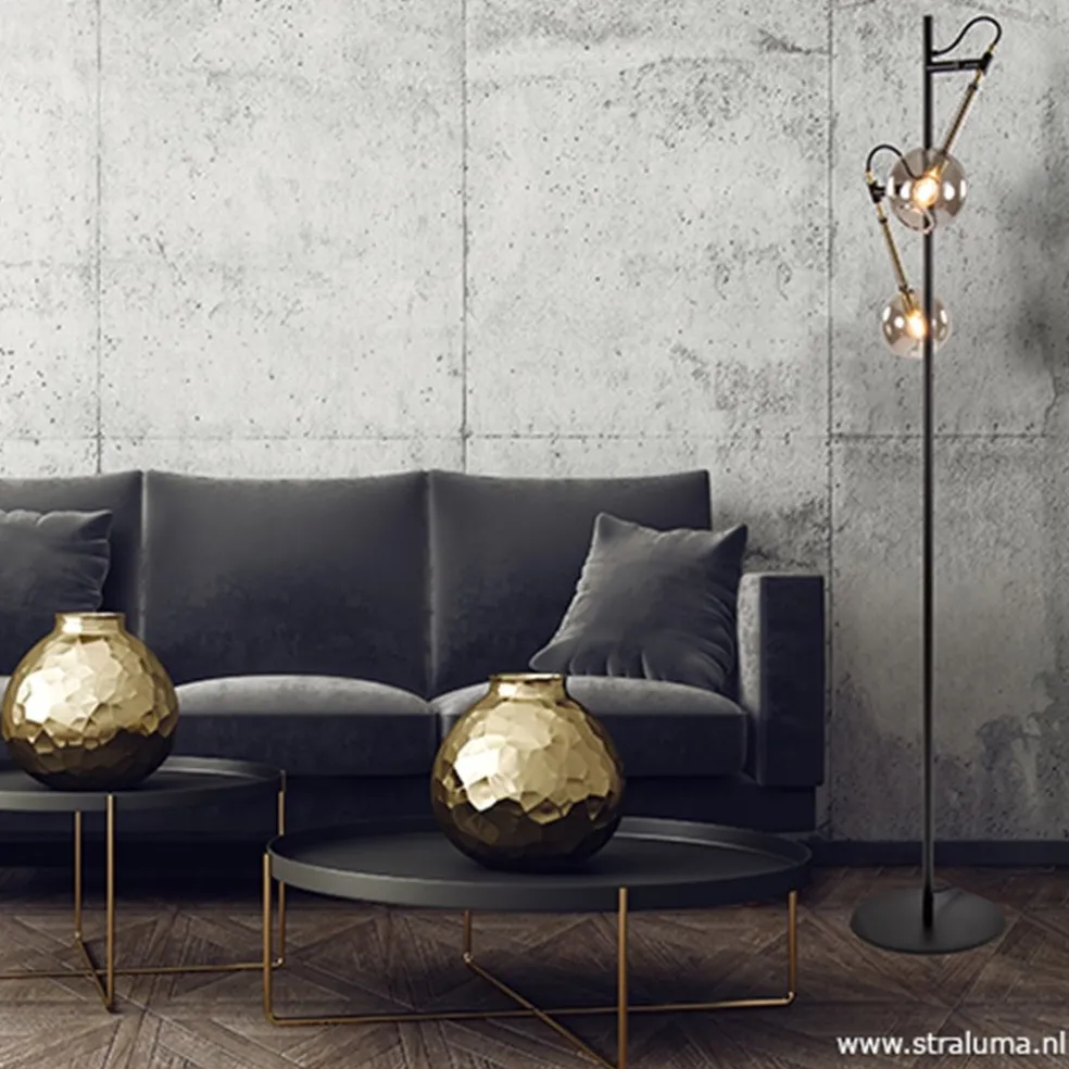 Hot Straluma Vloerlamp Globe 2-L zwart/goud smokeglas