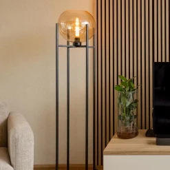 Sale Straluma Vloerlamp zwart + amber glazen bol