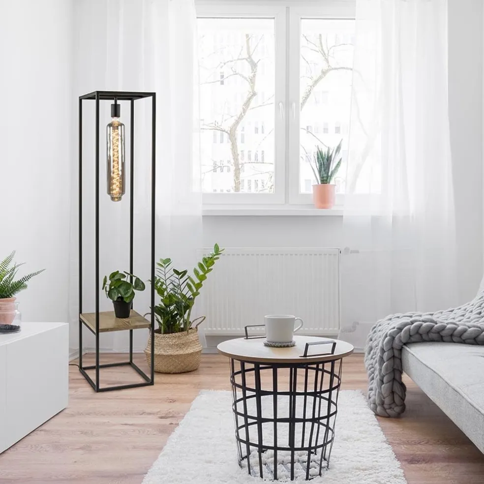 Cheap Straluma Vloerlamp zwart frame met houten plank