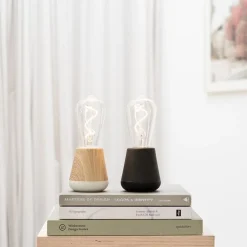 Sale Straluma Zwart houten tafellamp oplaadbaar met helder glas