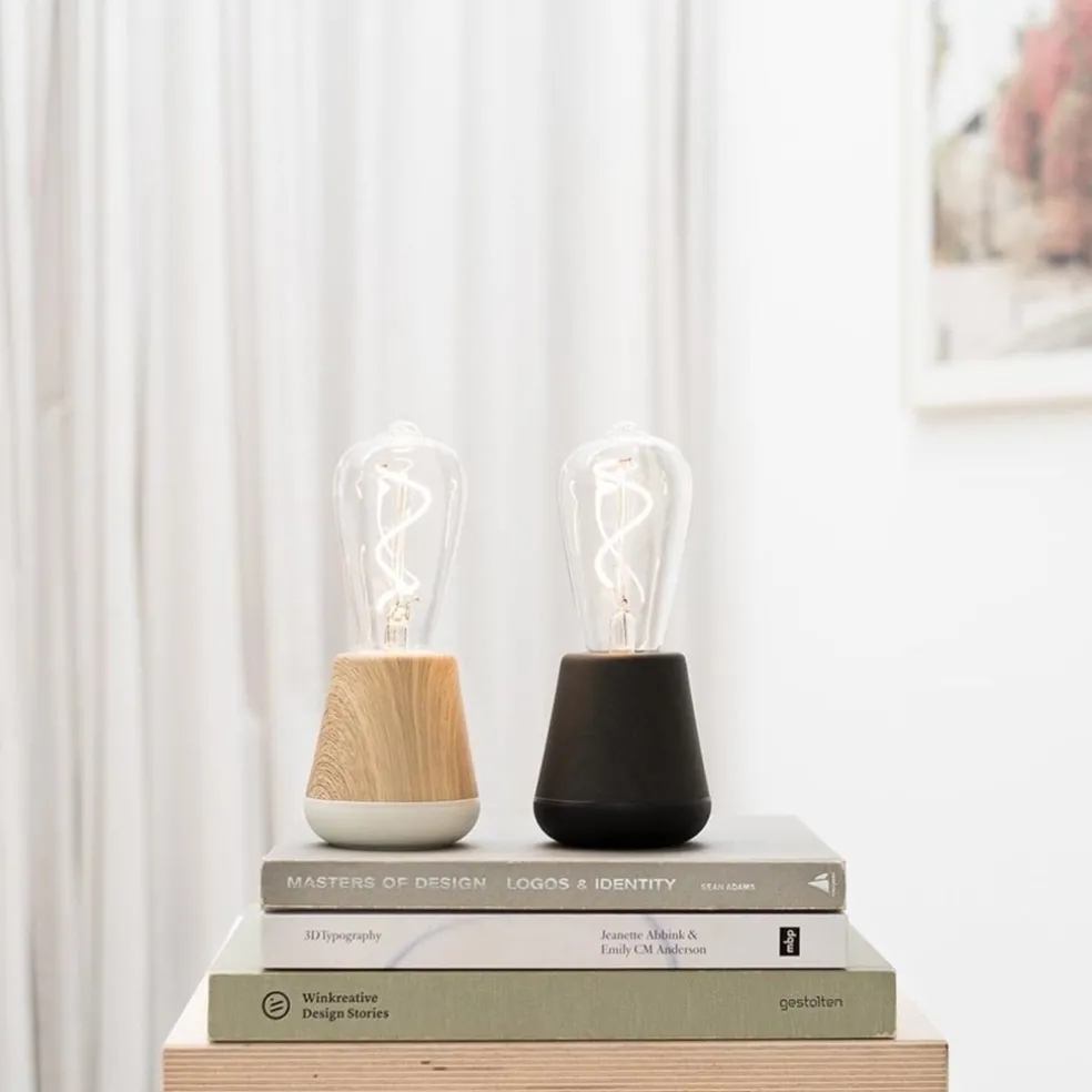 Sale Straluma Zwart houten tafellamp oplaadbaar met helder glas