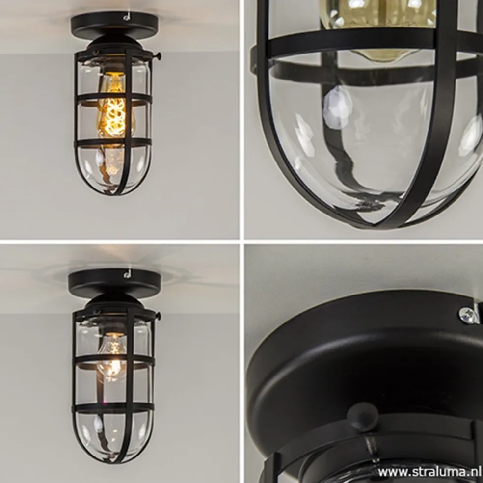 Discount Straluma Zwarte Kooi- plafondlamp met glas
